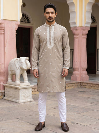 Men Japanese Imported Beige Embroidered Kurta Set