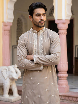 Men Japanese Imported Beige Embroidered Kurta Set