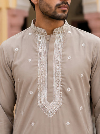 Men Japanese Imported Beige Embroidered Kurta Set