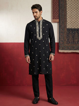 Men Japanese Black Embroidered Kurta Set