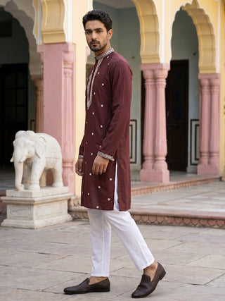Men Japanese Imported Maroon Embroidered Kurta Set