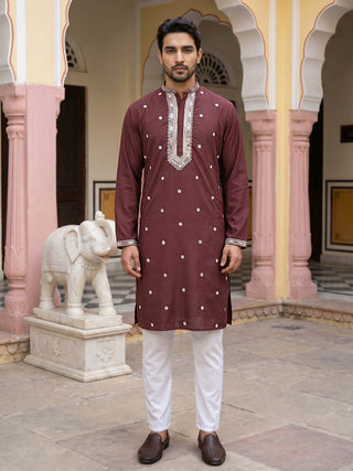 Men Japanese Imported Maroon Embroidered Kurta Set