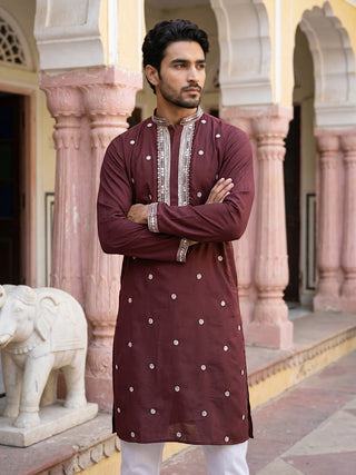 Men Japanese Imported Maroon Embroidered Kurta Set