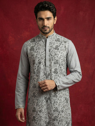 Men Festive Grey Embroidered Straight Kurta Set