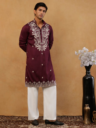 Purple Embroidered Cotton Blend Kurta with Korean Pants