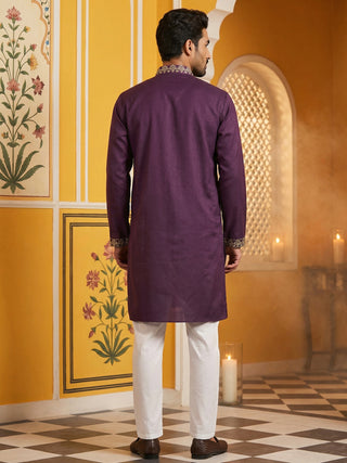 Purple Embroidered Cotton Blend Kurta Set