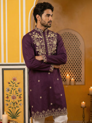 Purple Embroidered Cotton Blend Kurta Set