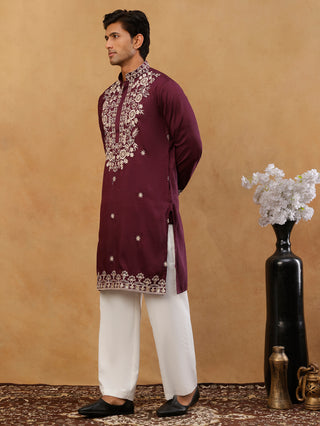 Purple Embroidered Cotton Blend Kurta with Korean Pants