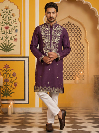 Purple Embroidered Cotton Blend Kurta Set