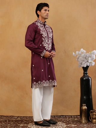 Purple Embroidered Cotton Blend Kurta with Korean Pants