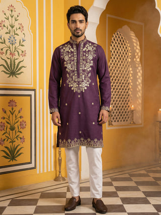 Purple Embroidered Cotton Blend Kurta Set