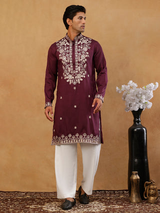 Purple Embroidered Cotton Blend Kurta with Korean Pants