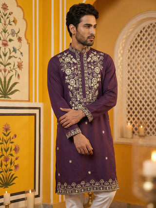 Purple Embroidered Cotton Blend Kurta Set