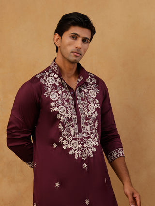 Purple Embroidered Cotton Blend Kurta with Korean Pants