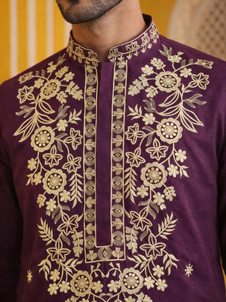 Purple Embroidered Cotton Blend Kurta Set