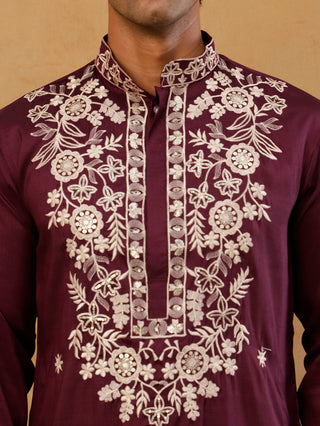Purple Embroidered Cotton Blend Kurta with Korean Pants