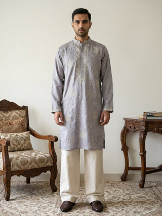 Embroidered Silk Blend Traditional Kurta with Korean Pants