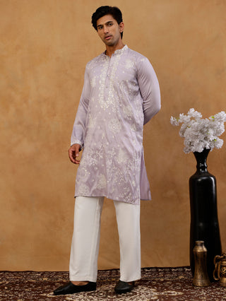 Embroidered Silk Blend Traditional Kurta with Korean Pants