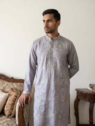 Embroidered Silk Blend Traditional Kurta with Korean Pants