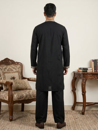 Black Cotton Blend Ethnic Embroidered Kurta with Korean Pants