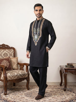 Black Cotton Blend Ethnic Embroidered Kurta with Korean Pants