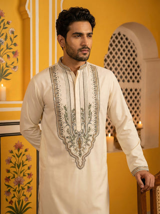 Cream Cotton Blend Ethnic Embroidered Kurta Set