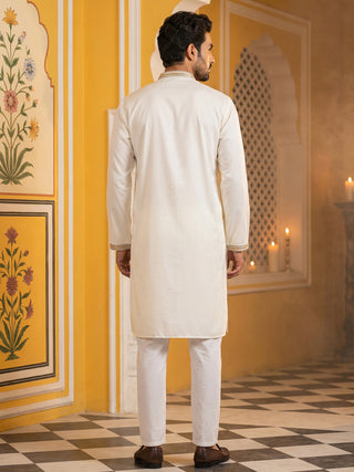 Cream Cotton Blend Ethnic Embroidered Kurta Set