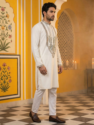 Cream Cotton Blend Ethnic Embroidered Kurta Set