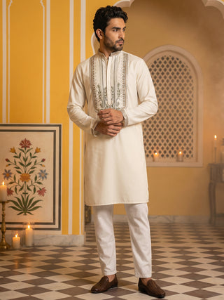 Cream Cotton Blend Ethnic Embroidered Kurta Set