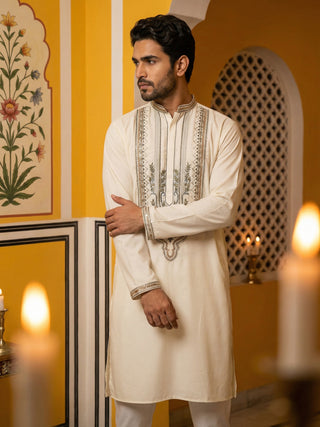 Cream Cotton Blend Ethnic Embroidered Kurta Set