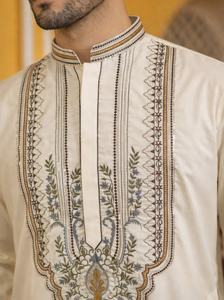 Cream Cotton Blend Ethnic Embroidered Kurta Set
