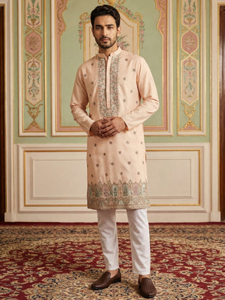 Men Silk Blend Embroidered Kurta Pyjama Set