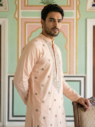 Men Silk Blend Embroidered Kurta Pyjama Set