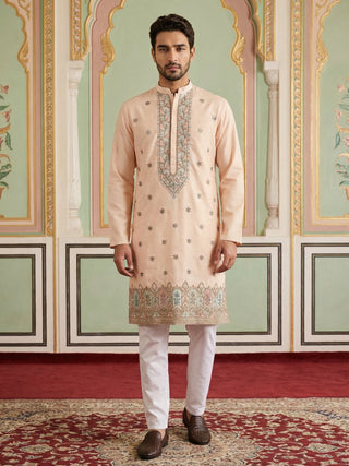 Men Silk Blend Embroidered Kurta Pyjama Set