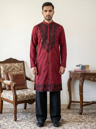 Men’s Classic Silk Blend Kurta & Korean Pants with Rich Embroidery