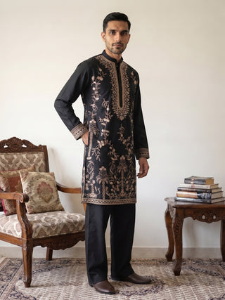 Men’s Japanese Fabric Embroidered Kurta with Korean Pants