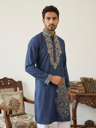 Navy Blue Japanese Embroidered Kurta Pyjama Set