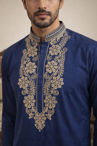 Navy Blue Japanese Embroidered Kurta Pyjama Set