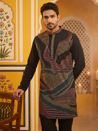Black Japanese Embroidered Designer Kurta Pyjama Set