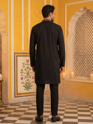 Black Japanese Embroidered Designer Kurta Pyjama Set