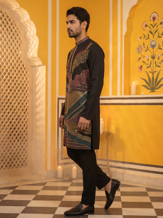 Black Japanese Embroidered Designer Kurta Pyjama Set