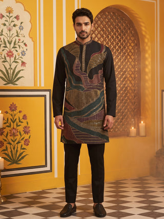 Black Japanese Embroidered Designer Kurta Pyjama Set