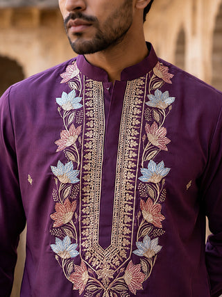 Cotton Blend Floral Embroidered Kurta Set