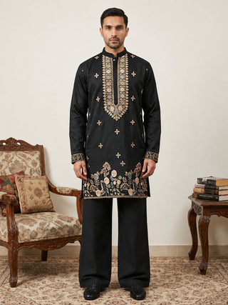 Cotton Blend Floral Embroidered Kurta Set