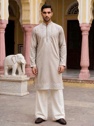 Men's Silk Blend Embroidered Kurta with Korean Pants