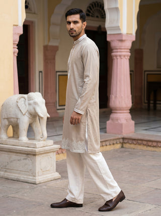 Men's Silk Blend Embroidered Kurta with Korean Pants