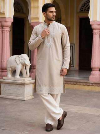 Men's Silk Blend Embroidered Kurta with Korean Pants
