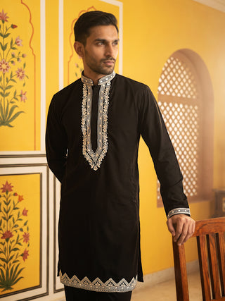 Men's Silk Blend Embroidered Kurta with Korean Pants