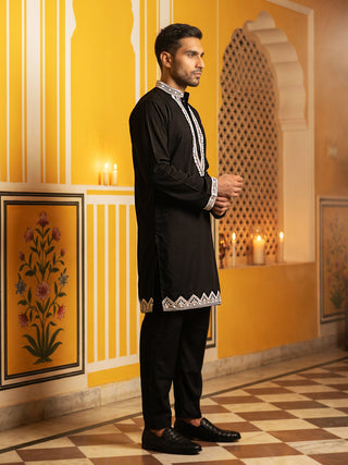 Men's Silk Blend Embroidered Kurta with Korean Pants