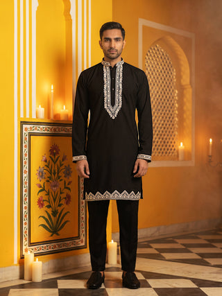 Men's Silk Blend Embroidered Kurta with Korean Pants
